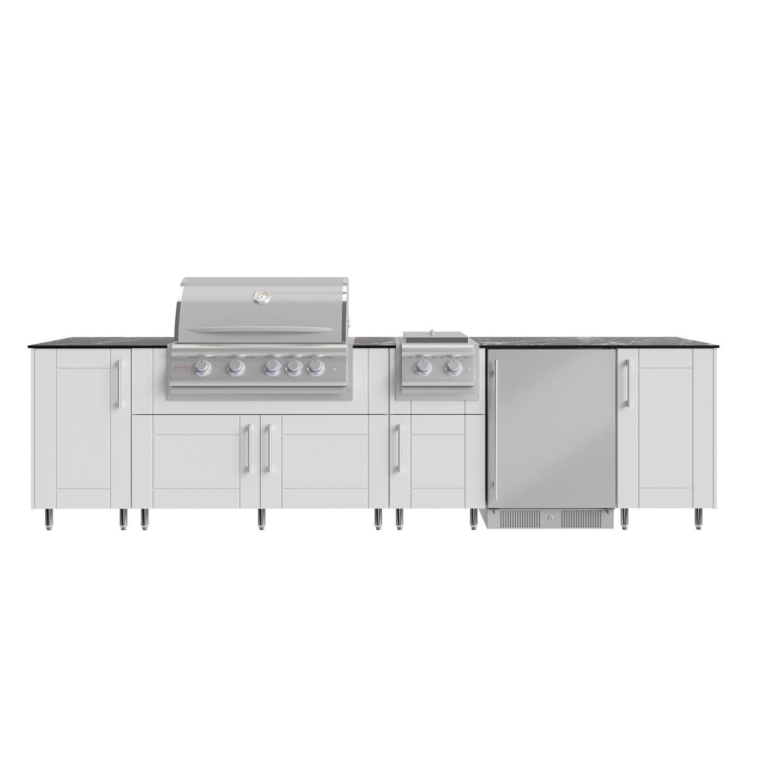 WeatherStrong Nassau 10 1/2 Ft Outdoor Kitchen Island w/ Blaze Propane Grill, Side Burner & Refrigerator in Shell White/Midnight Ice
