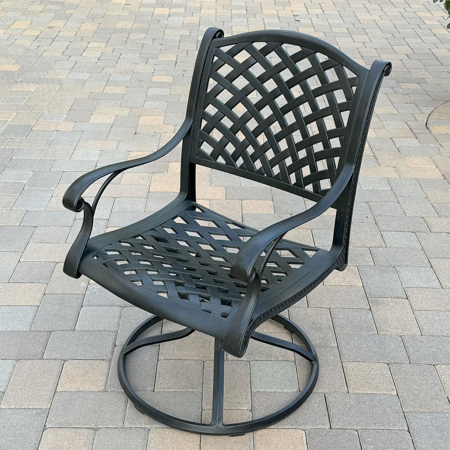 Nassau Cast Aluminum 4 Pc Set Swivel Rocker Dining Chair Set in Antique Bronze/Navy by Darlee - Shown W/ No Cushion - Lifestyle thumbnail