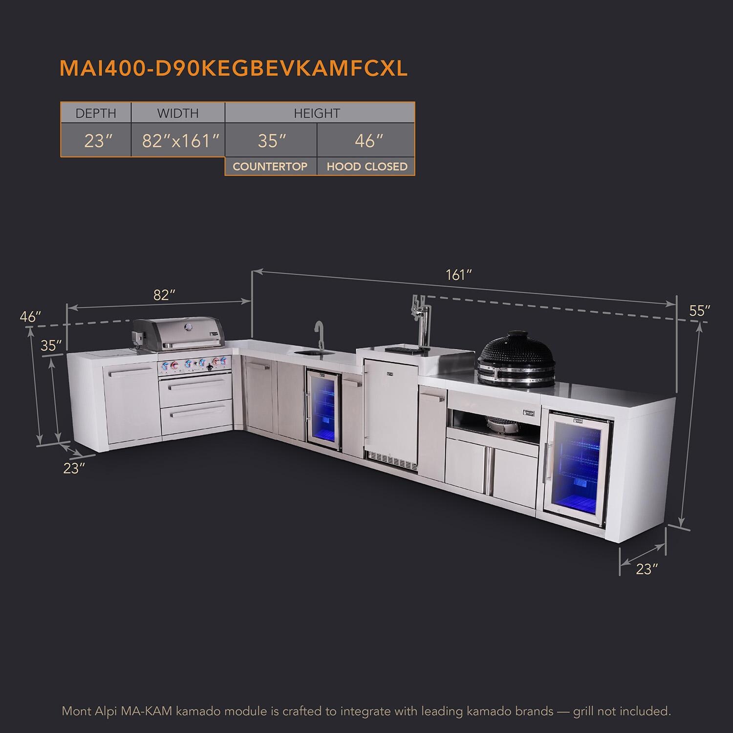 Mont Alpi Deluxe Series 13 1/2 Ft L-Shaped Natural Gas Outdoor Kitchen Island w/ 32-in Grill, Side Burner, Beverage Center, Kegerator, Kamado Module & Extra Door (Ships Propane w/ Conversion Kit) - Dimensions - Dimensional thumbnail
