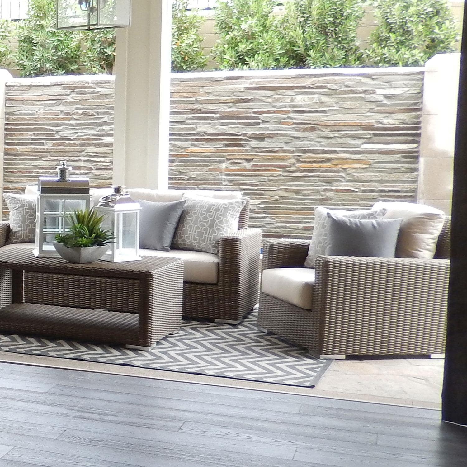 Coronado Wicker Patio Club Chair W/ Sunbrella Canvas Flax Cushions By Sunset West - W/ Lounge Set - Lifestyle thumbnail