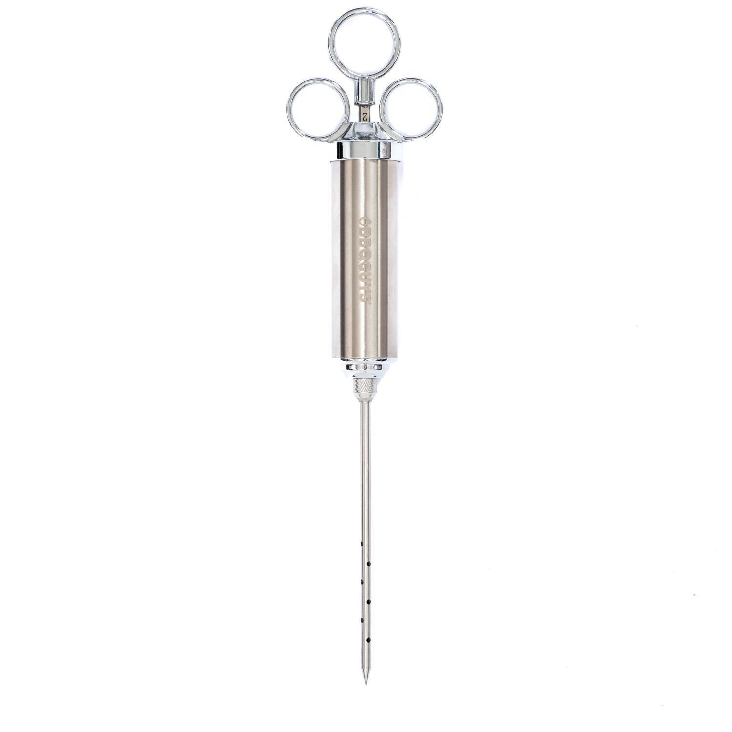 BBQGuys Signature BBQ-MIJ Stainless Steel Meat Injector - Long Perforated Needle Installed - White Background thumbnail