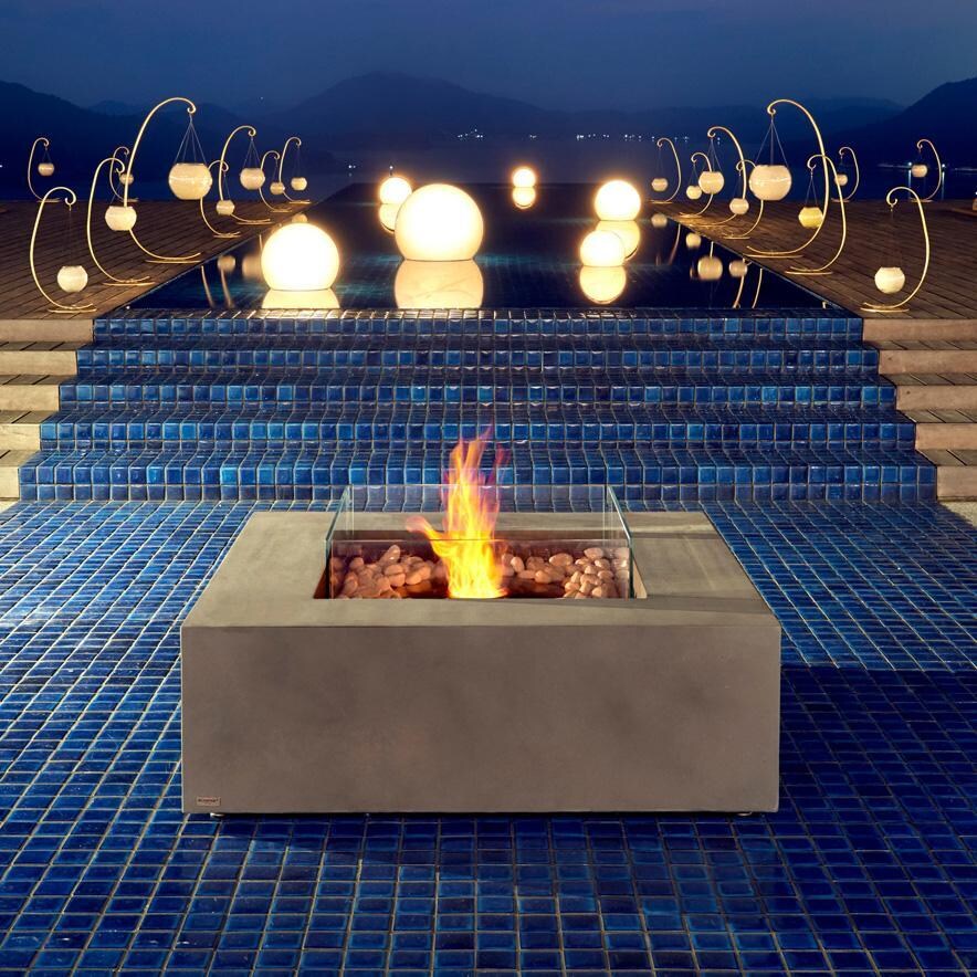 EcoSmart Fire ESF.O.BAS.40.BO.B Base 40 Inch Black Burner Square Concrete Ethanol Fire Pit Table in Bone - On the Patio (shown in Natural Concrete) - Lifestyle