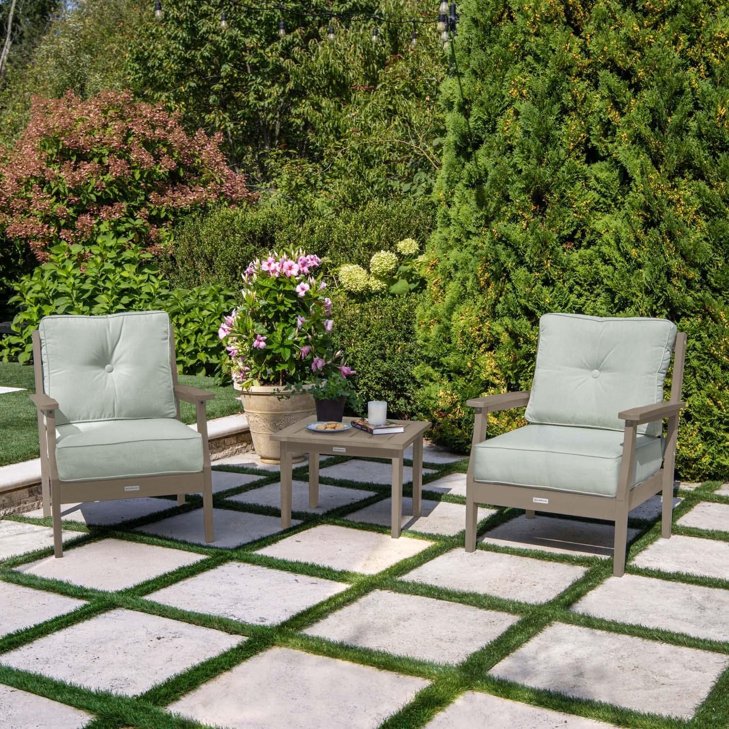 Blushing Bay 3 Pc Recycled Plastic Seating Set in Canvas Seasalt/Woodland Brown by Lakeview Outdoor Designs - Lifestyle thumbnail