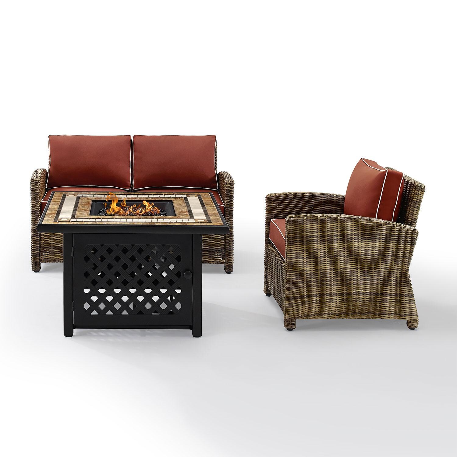 Ultimate Patio UP-92394-SG 3Pc Wicker Outdoor Loveseat Set W/ Fire Table in Sangria - Display - White Background thumbnail