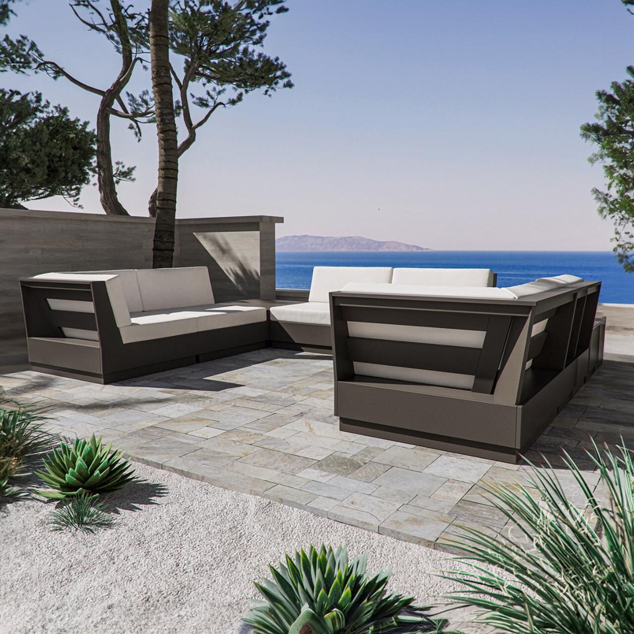 Elevate 8 Pc U-shaped Recycled Plastic Sectional Seating Set in Vintage Coffee/Navy Linen By PW Designer Series - On the Patio (Shown in Vintage Coffee/Dune Burlap) - Lifestyle thumbnail
