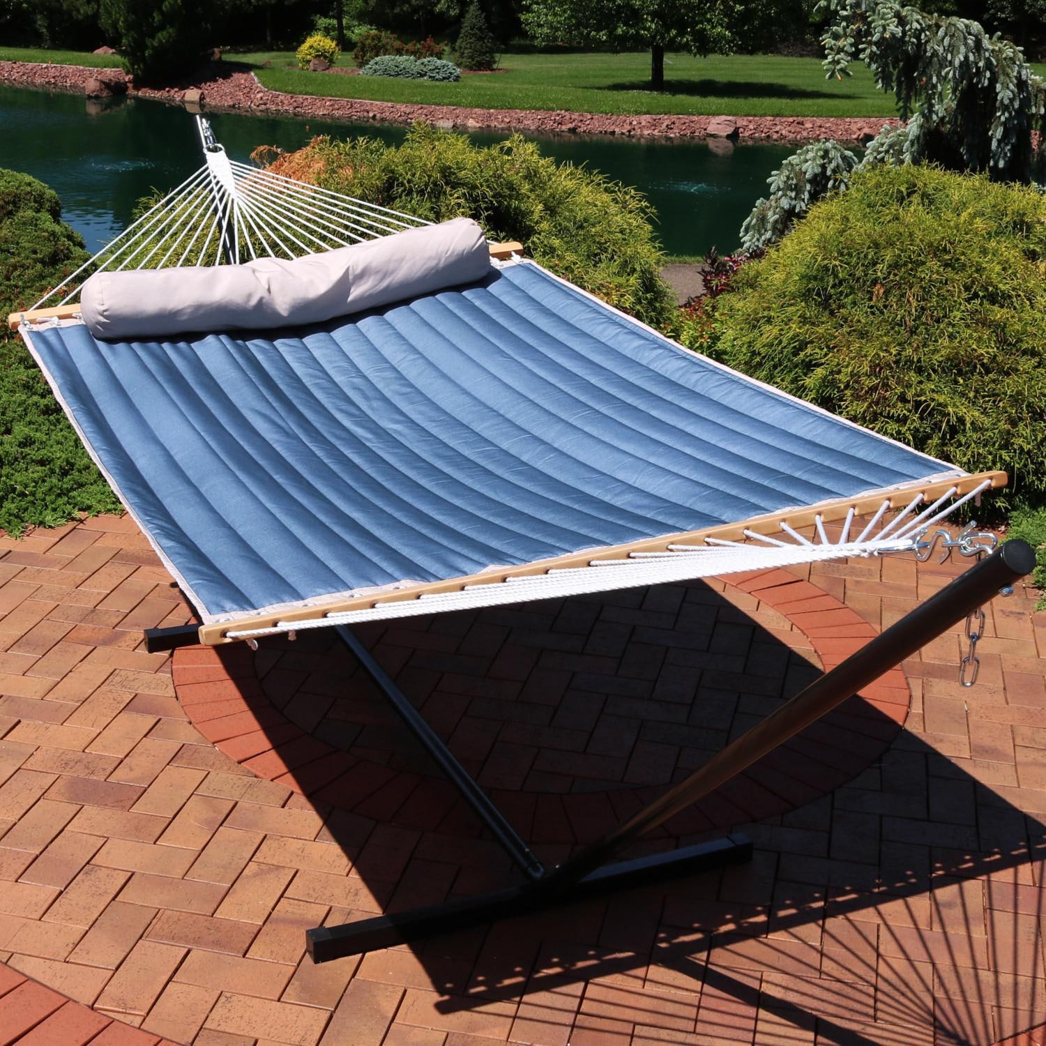 Ultimate Patio Quilted Double Hammock w/ 12-Foot Steel Beam Stand & Pillow - Tidal Wave - Lifestyle thumbnail