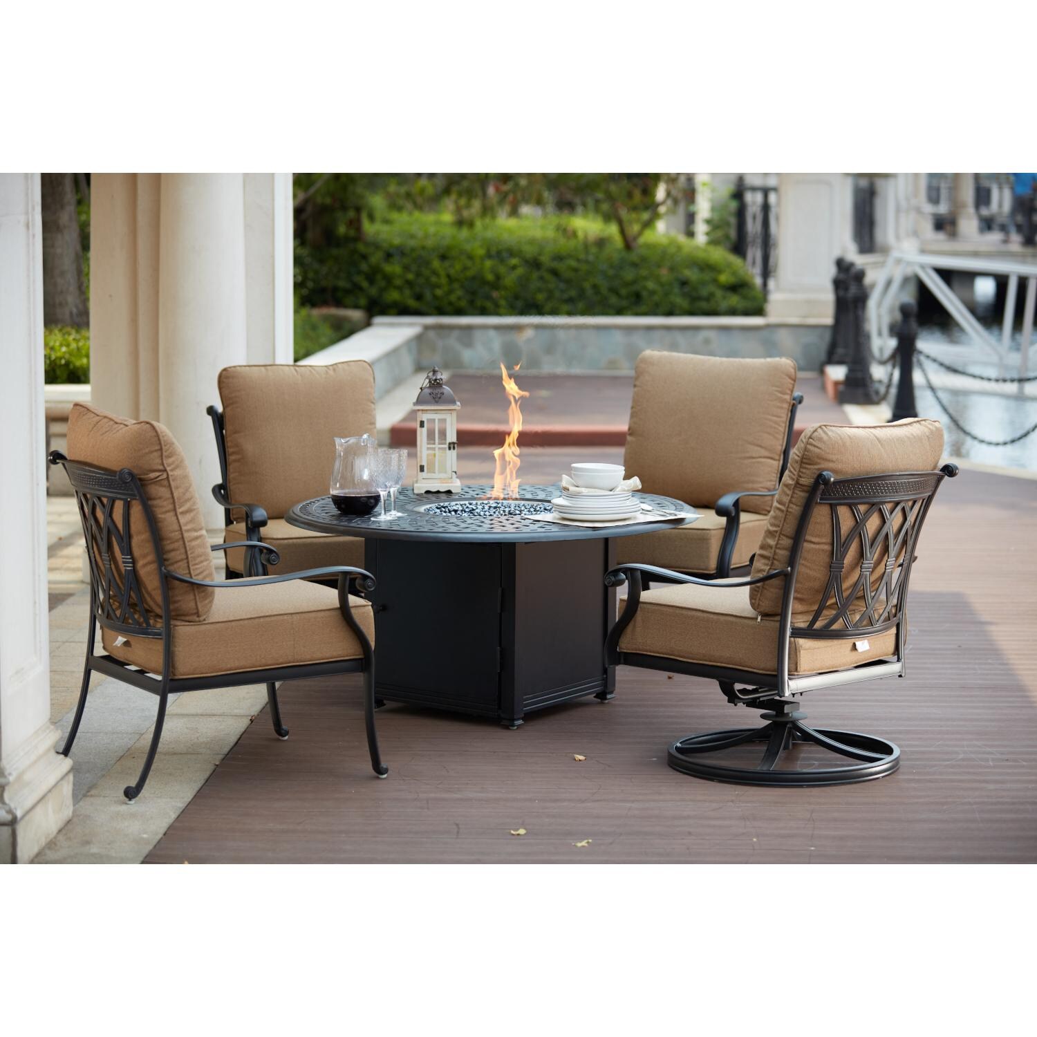 Darlee 201668-5PC-60QB Capri 5 Piece Cast Aluminum Patio Fire Pit Conversation Set W/ Sesame Polyester Cushions - Lifestyle thumbnail