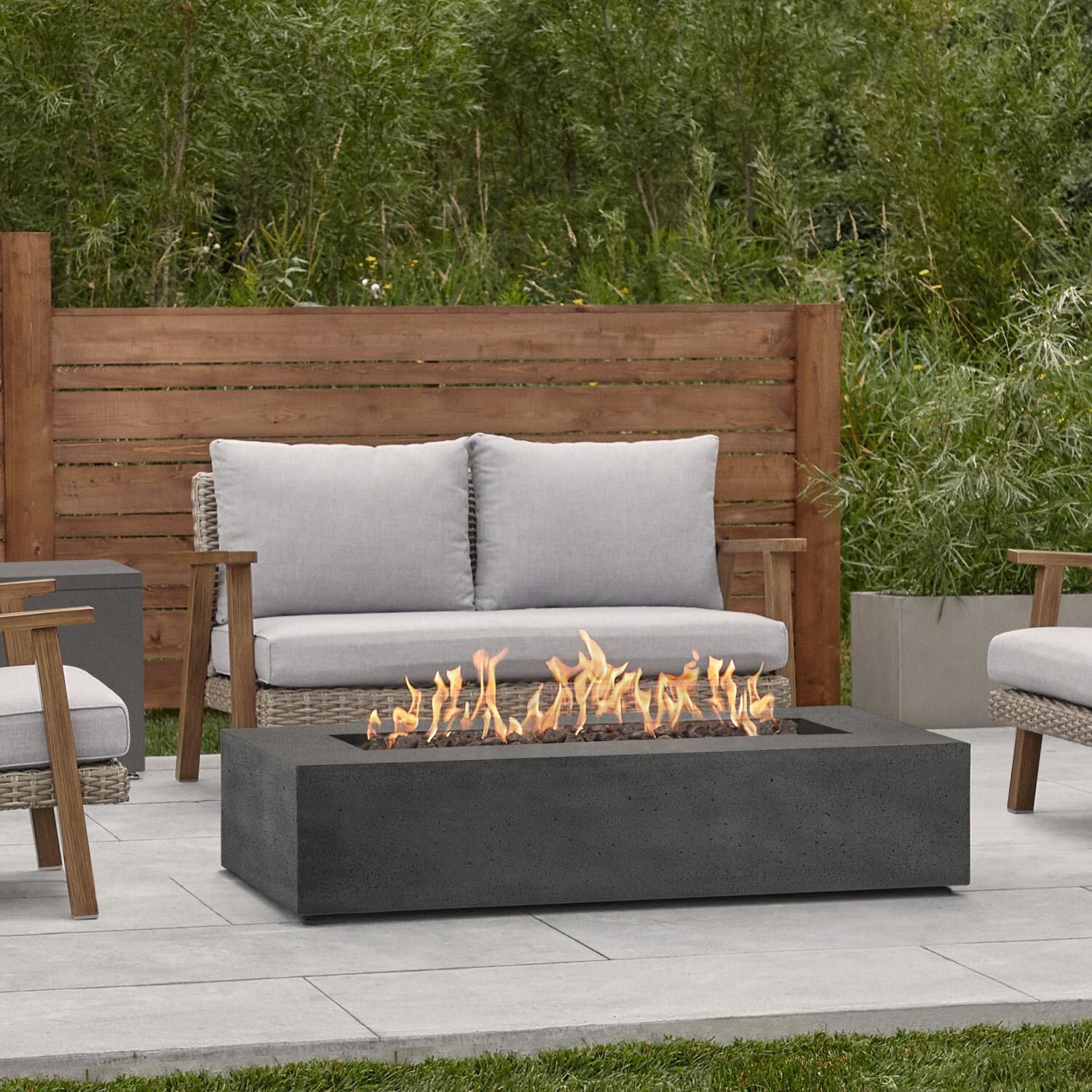 Hillview Bay 56 Inch Rectangular GFRC Propane Fire Pit in Carbon by BBQGuys Signature