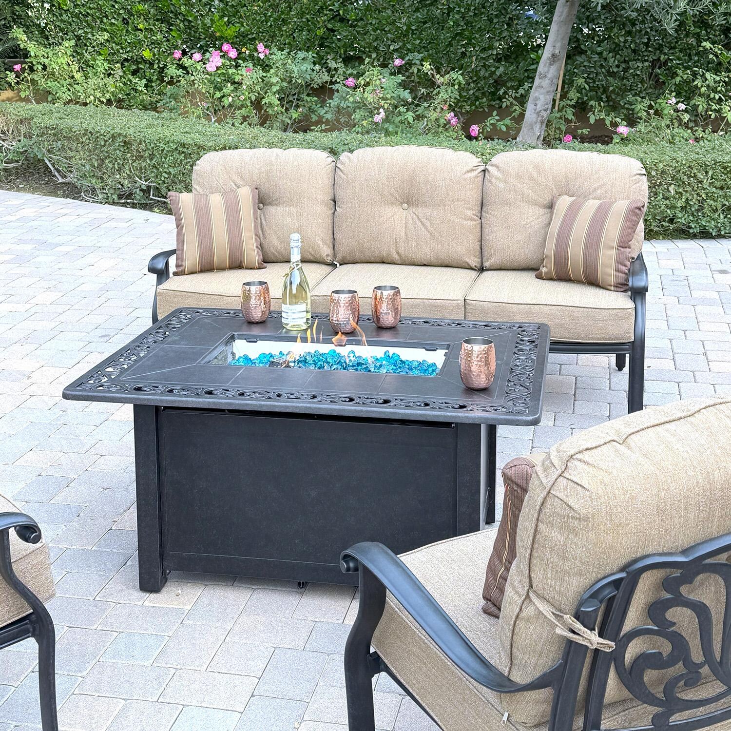 Darlee Elisabeth 4 Pc Cast Aluminum Fire Pit Seating Set w/ 2 Club Chairs and Sofa in Antique Bronze/Beige - Set Up Close - Lifestyle thumbnail