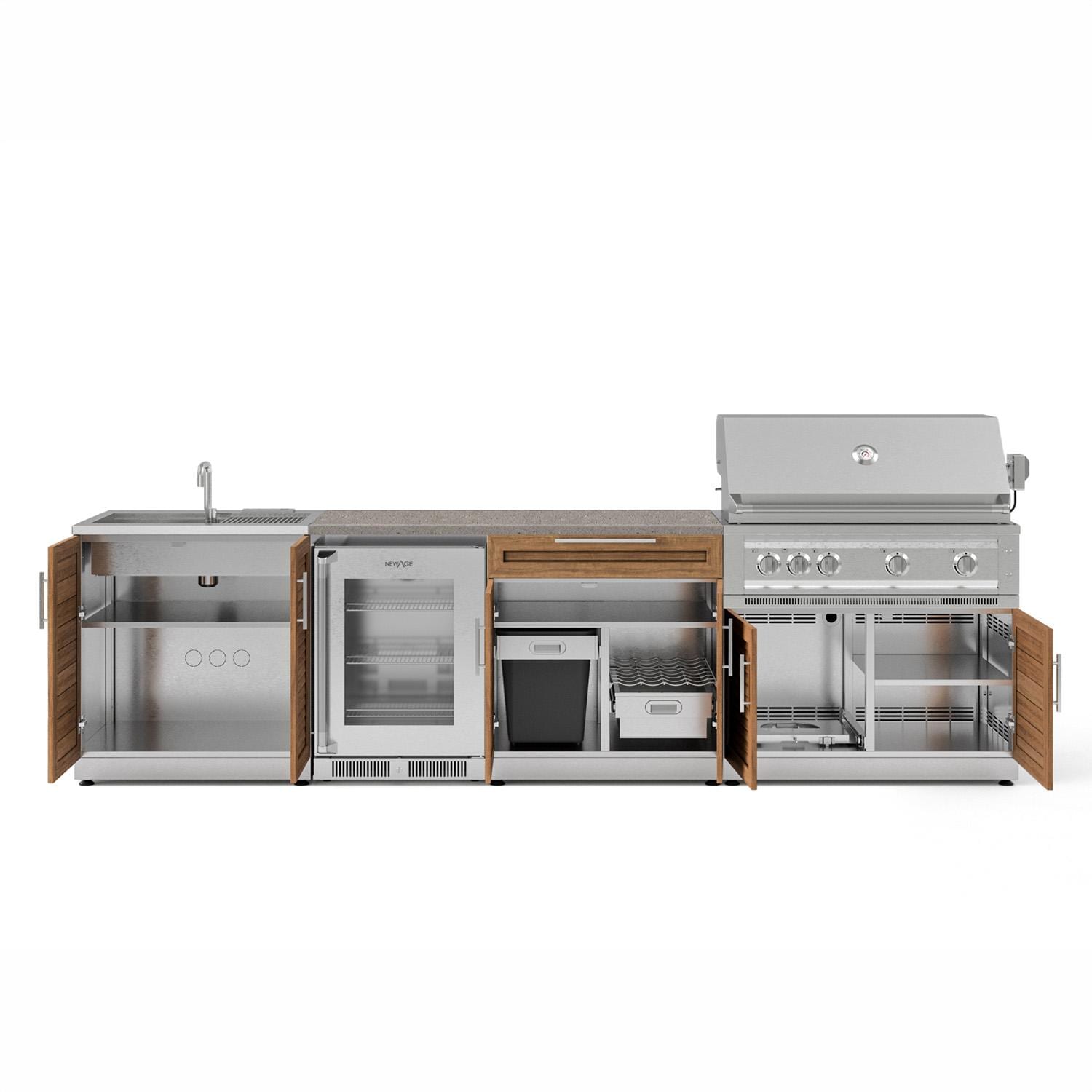NewAge Products 72113 Classic Series 10 1/2 Ft Outdoor Kitchen Island w/ 40-in Natural Gas Grill, Sink, Glass Door Refrigerator, Trash Bin, Door & Drawer in Grove/Sage Gray - Open - White Background thumbnail