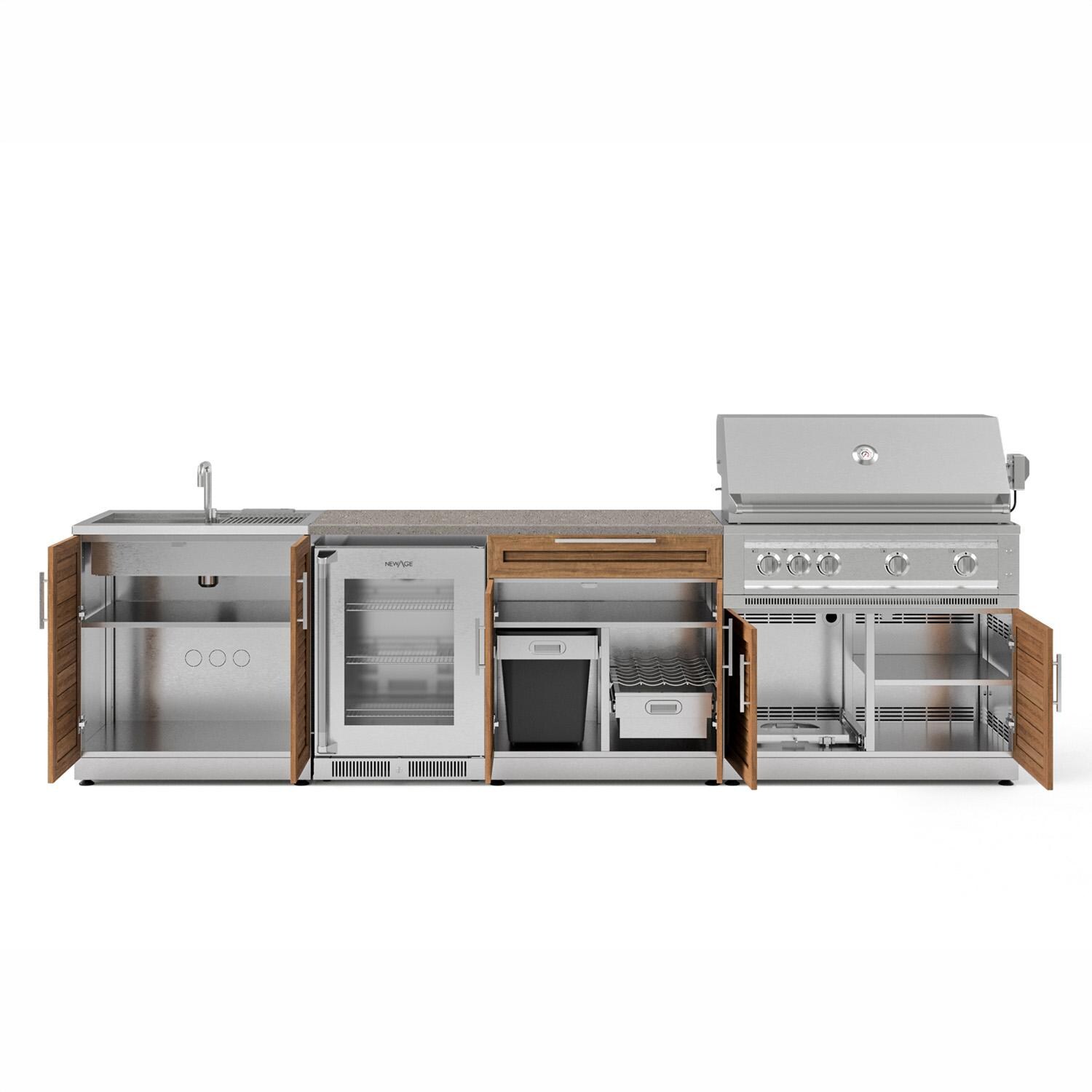 NewAge Products 72113 Classic Series 10 1/2 Ft Outdoor Kitchen Island w/ 40-in Natural Gas Grill, Sink, Glass Door Refrigerator, Trash Bin, Door & Drawer in Grove/Sage Gray - Open - White Background thumbnail