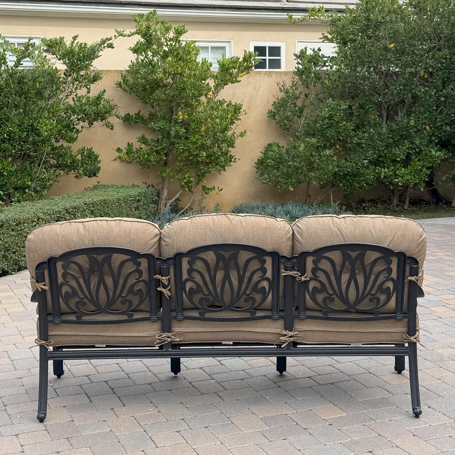 Elisabeth 4 Pc Set Cast Aluminum Seating Set w/ 49 X 35 Inch Propane Fire Pit Table in Sesame/Antique Bronze by Darlee - Sofa Back - Lifestyle thumbnail