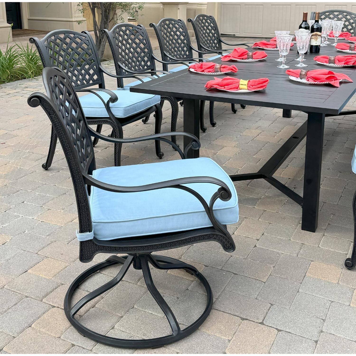 Darlee B/DL13-11PCDR-2350LE-B Nassau 11 Pc Cast Aluminum Dining Set w/ Rocker in Antique Bronze w/ Blue Cushions - Chair Angle - Lifestyle thumbnail