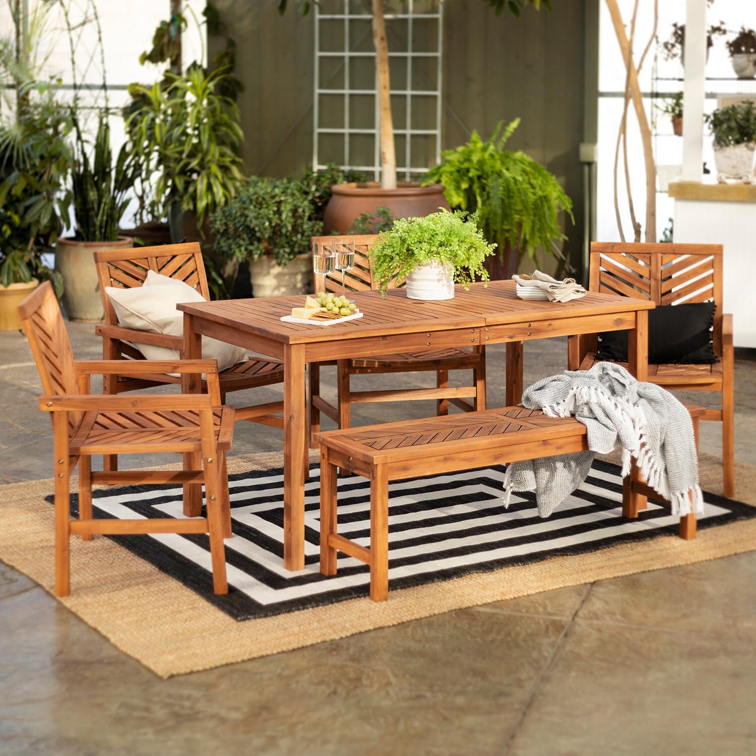 Walker Edison Vincent 6 Piece Acacia Patio Dining Set W/ 60 X 32 Inch Rectangular Table - Brown image