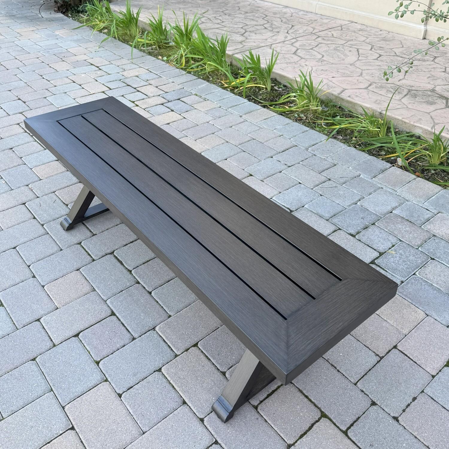 Brooklyn 5 Pc Aluminum Dining Set w/ 88 X 59 Inch Table in Sesame/Multi-brown by Darlee - 2 Person Bench - Lifestyle thumbnail