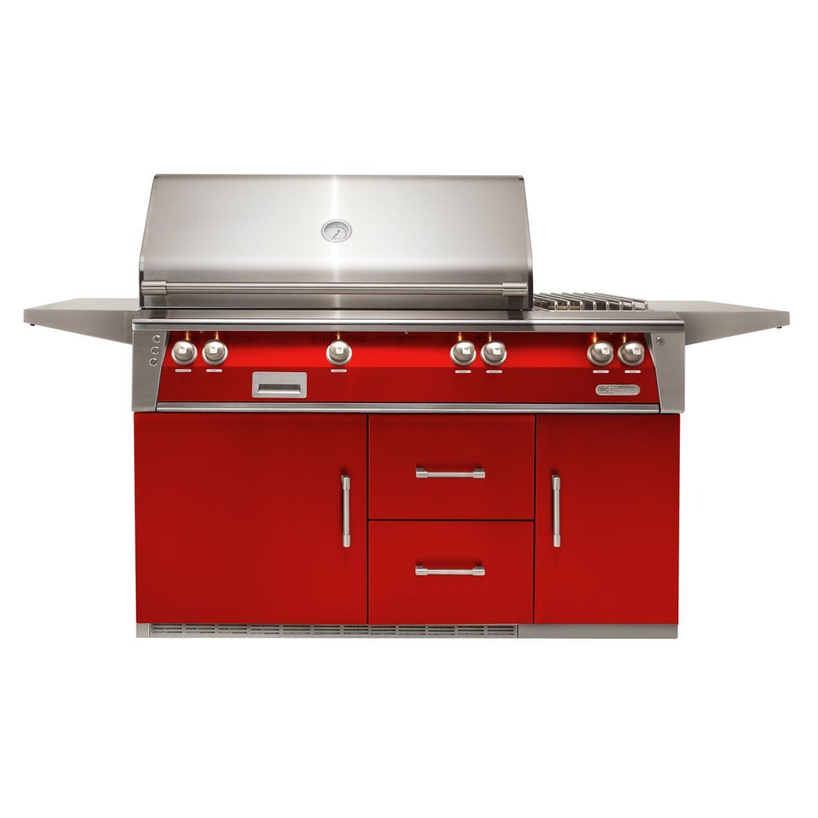 Alfresco ALXE-56R-NG-S3002 ALXE 56-Inch Freestanding Natural Gas Deluxe Grill On Refrigerated Cart With Rotisserie And Side Burner in Carmine Red - White Background thumbnail