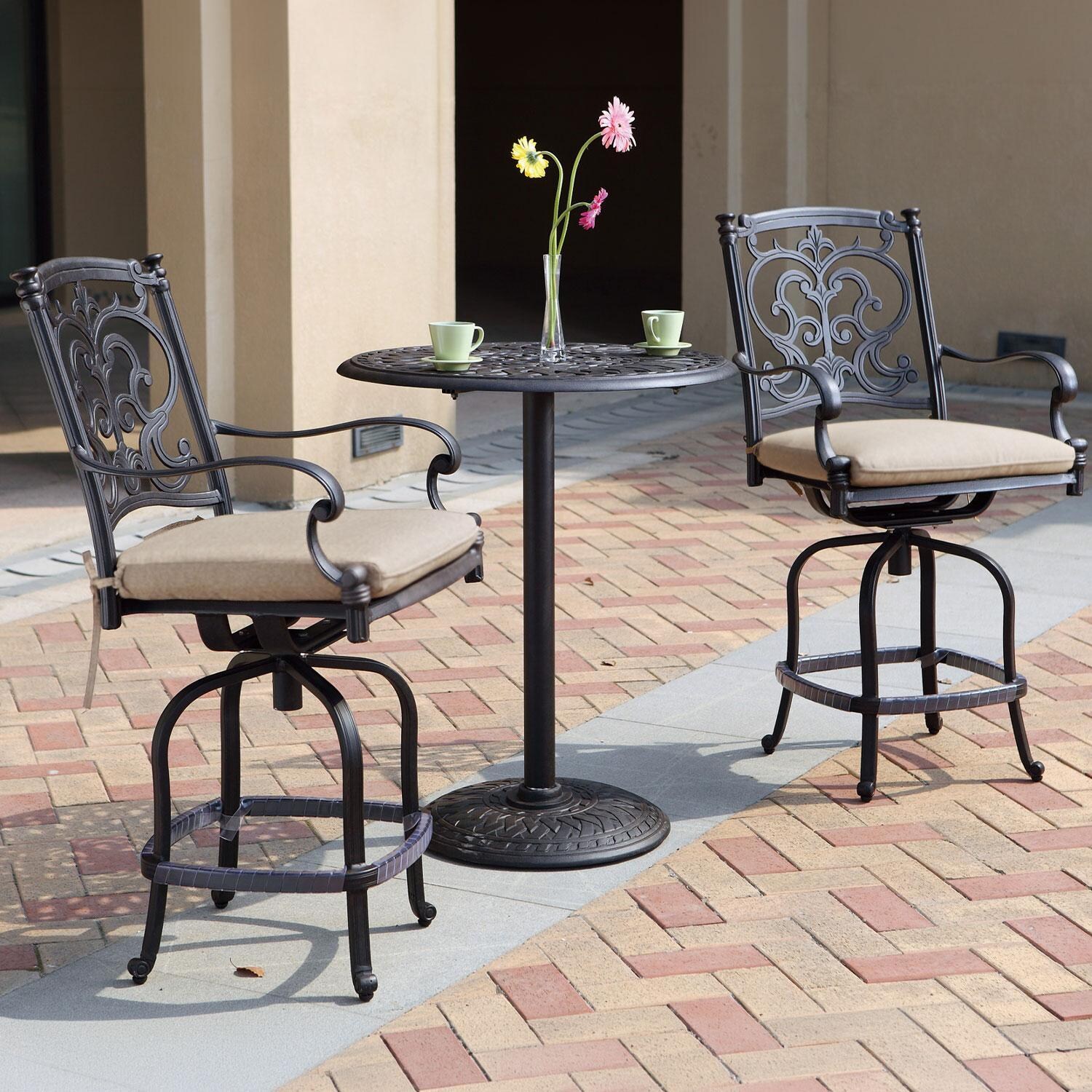Santa Barbara 3 Pc Cast Aluminum Counter Height Bar Set w/ 30 Inch Round Series 60 Table in Antique Bronze/Beige Canvas by Darlee - Side View - Lifestyle thumbnail