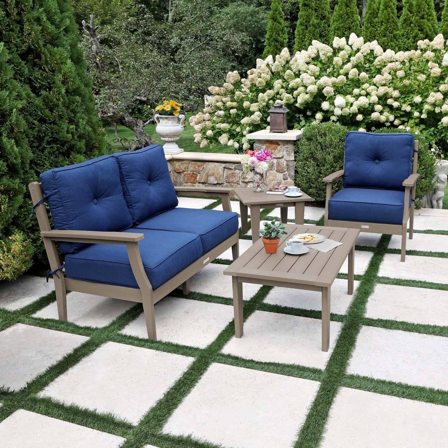 Blushing Bay 4 Pc Recycled Plastic Seating Set in Spectrum Indigo/Woodland Brown by Lakeview Outdoor Designs - Side View - Lifestyle thumbnail