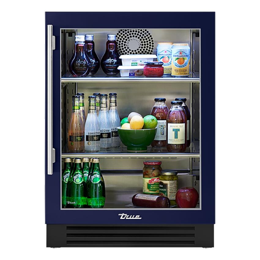 True TUR-24-R-OG-C~DSK-078-H04 24 Inch 5.6 Cu. Ft. Right Hinge Glass Door Outdoor Refrigerator in Cobalt w/ Stainless Steel Handles - White Background thumbnail