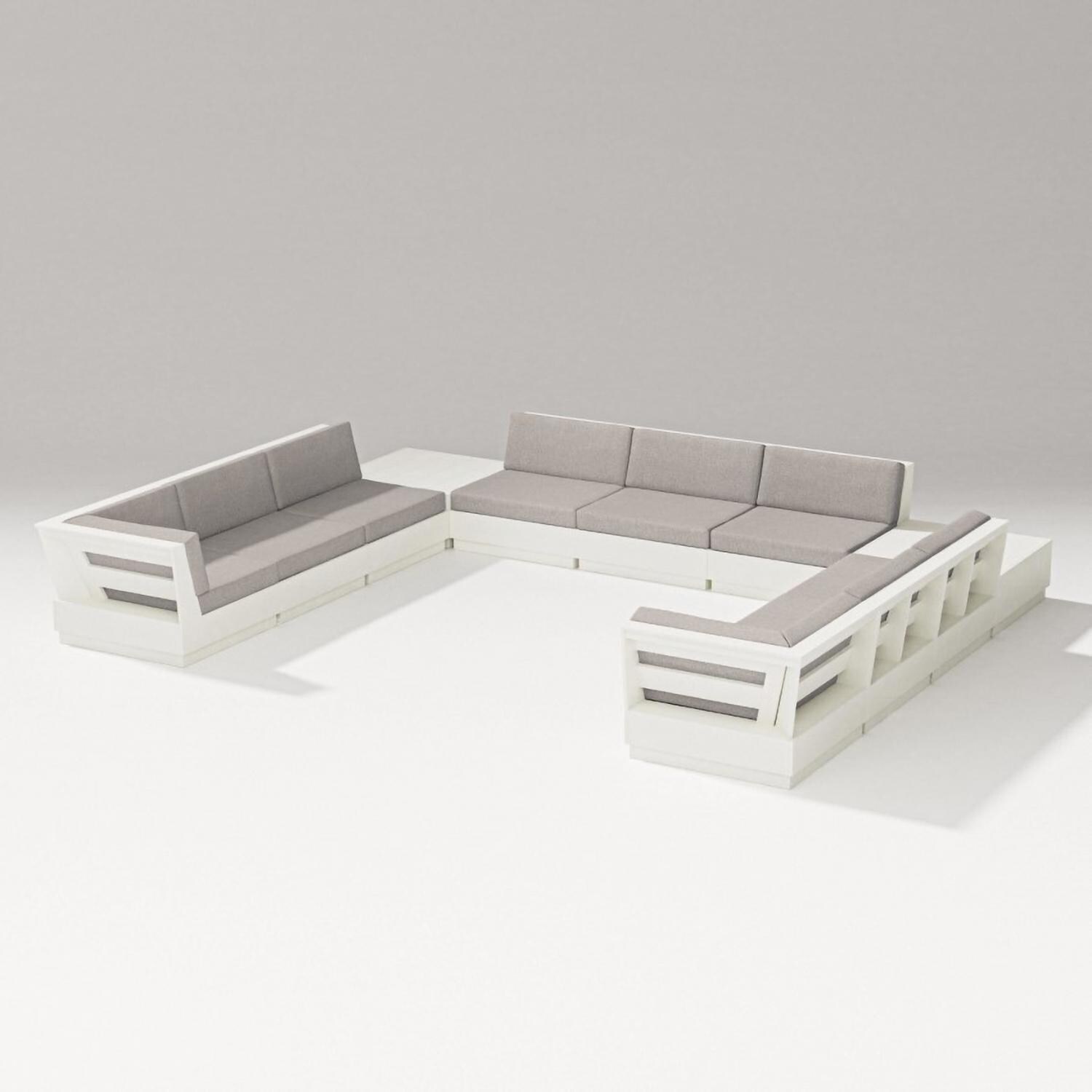 Elevate 11 Pc U-shaped Recycled Plastic Sectional Seating Set in Vintage White/Weathered Tweed By PW Designer Series - Set - White Background thumbnail