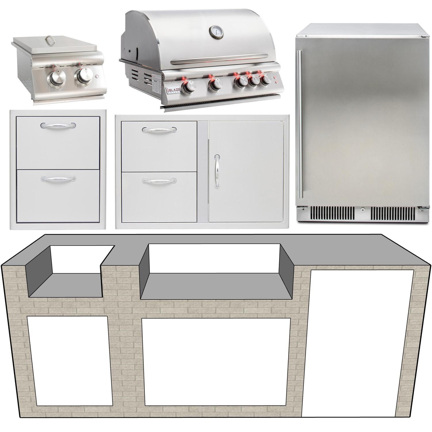 EZ Finish Systems 7 1/2-Foot Ready To Finish Outdoor Kitchen Island W/ Blaze Premium LTE 32-Inch Propane Gas Grill, Side Burner, & Refrigerator - BLZ-4LTE2-LP