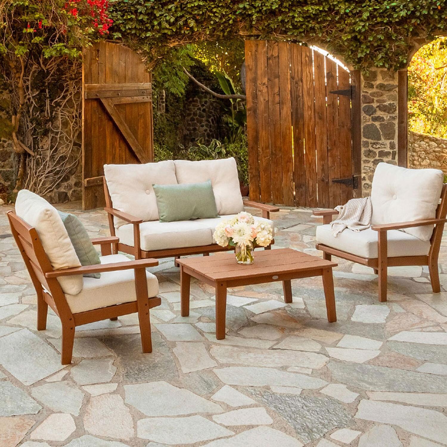 Lakeside 4 Pc Recycled Plastic Seating Set in Teak/Dune Burlap by POLYWOOD