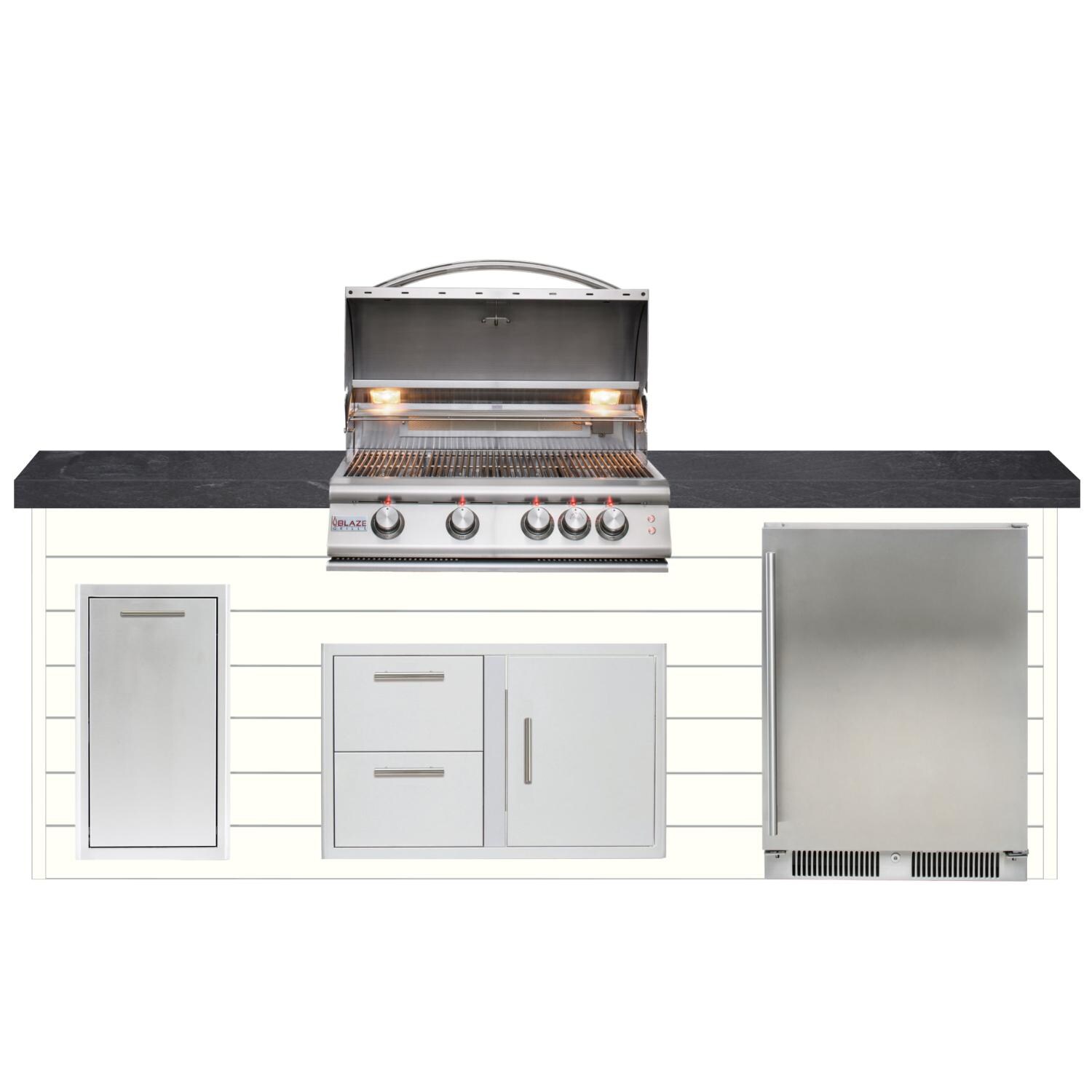 BBQGuys Signature 8ft Luxury Outdoor Island W/ Blaze Premium LTE 32-Inch Propane Grill & Outdoor Rated Refrigerator - Canvas White Steel W/ Black Polished Granite thumbnail