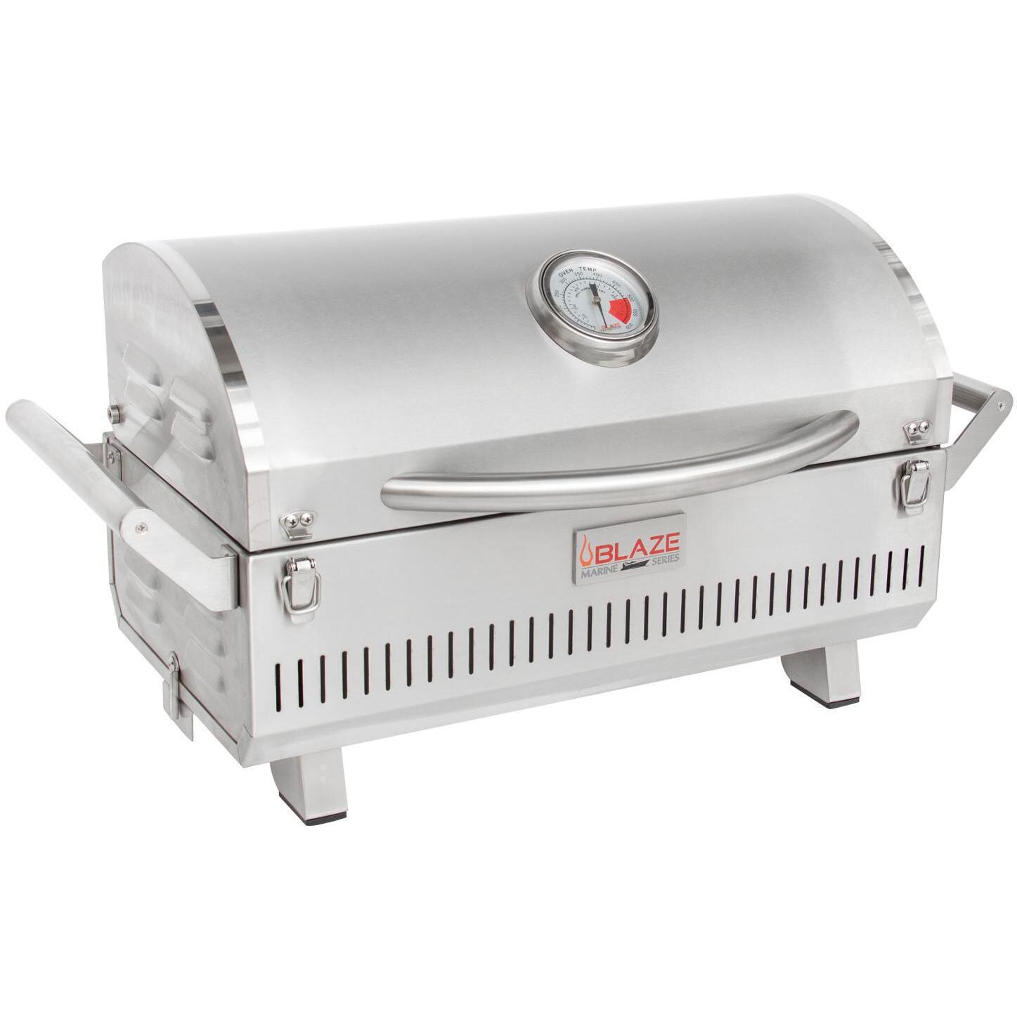 Blaze Professional LUX BLZ-1PRO-PRTMG-LP Marine Grade Portable Propane Gas Grill On Pedestal With Side Shelves - Grill Front Angled View thumbnail