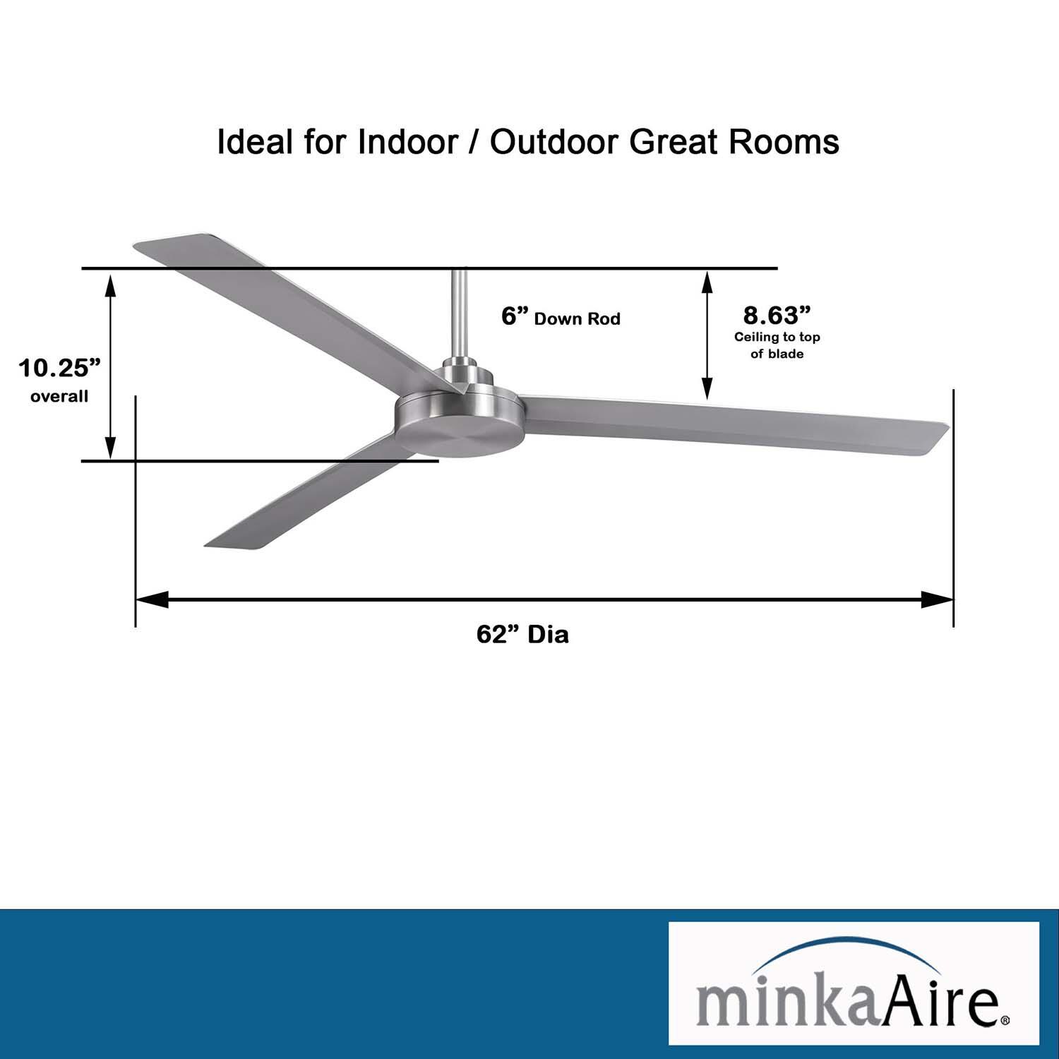 Minka-Aire F624-ABD Roto XL 62-Inch 3-Blade Ceiling Fan in Brushed Aluminum Finish w/ Silver Blades - Dimensions thumbnail