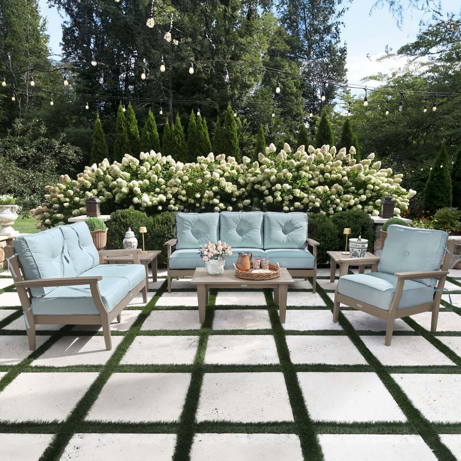 Blushing Bay 6 Pc Recycled Plastic Grand Seating Set in Bliss Dew/Woodland Brown by Lakeview Outdoor Designs - Lifestyle thumbnail