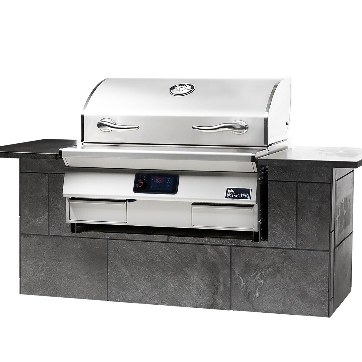 recteq RT-1300ES E-Series 1300 Built-In Wood Pellet Grill - Angle View Shown w/ Outdoor Kitchen Island - White Background thumbnail
