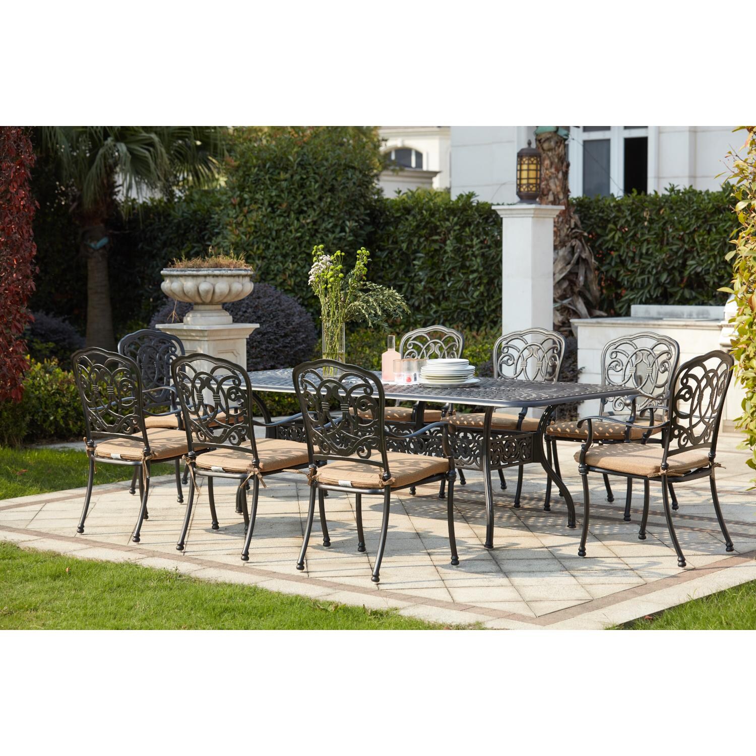 Darlee 201020-9PC-60XLD Florence 9 Piece Cast Aluminum Patio Dining Set W/ 92 X 42 Inch Rectangular Dining Table & Sesame Cushions - Lifestyle thumbnail