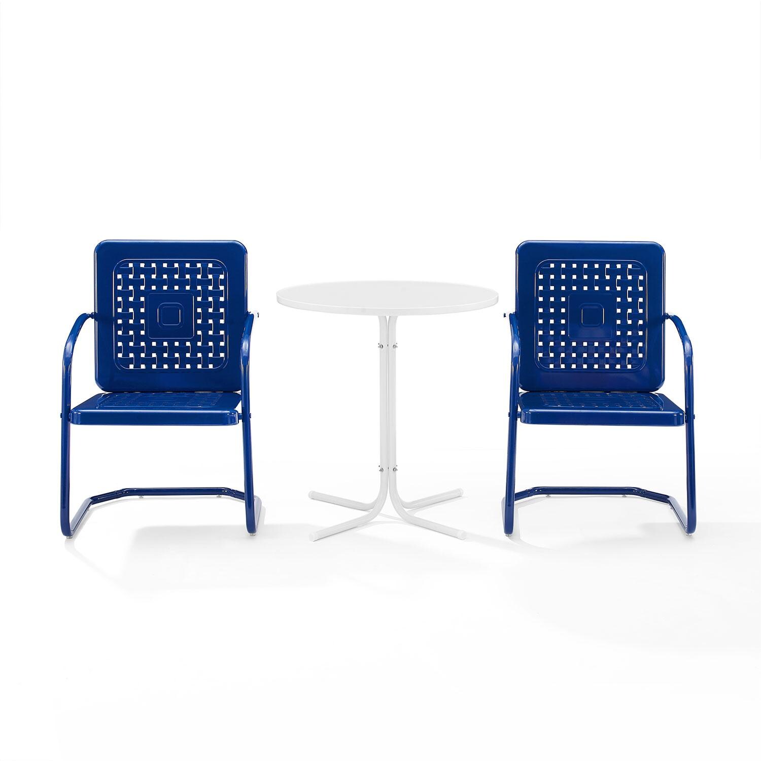 Ultimate Patio UP-32242NV 3Pc Retro Outdoor Bistro Set in Navy Blue - Chairs Angled to Front - Lifestyle thumbnail