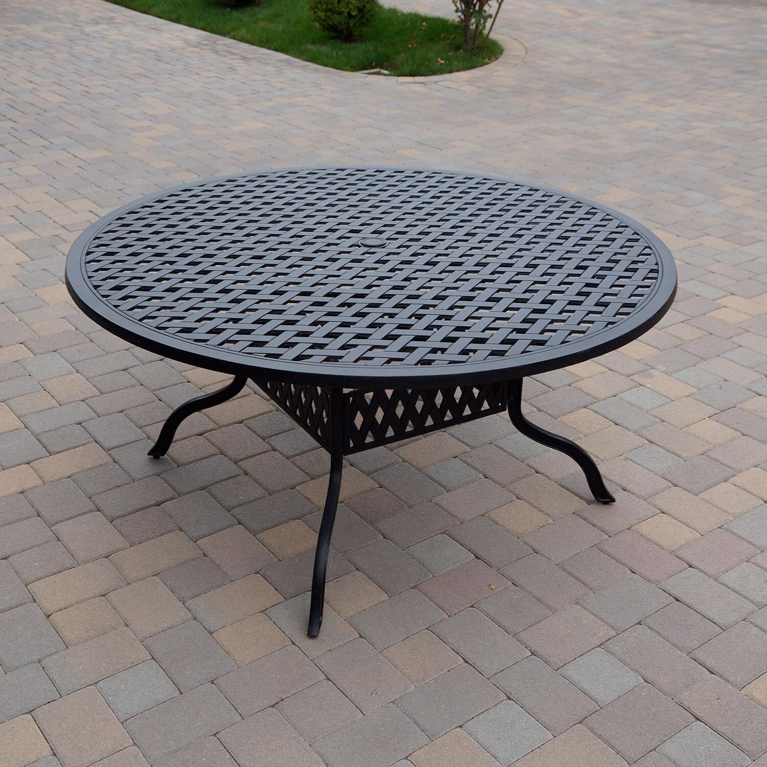 Nassau 7 Pc Cast Aluminum Patio Dining Set W/ 60 Inch Round Table & Navy Blue Cushions By Darlee - Round Dining Table - Back Patio - Lifestyle thumbnail