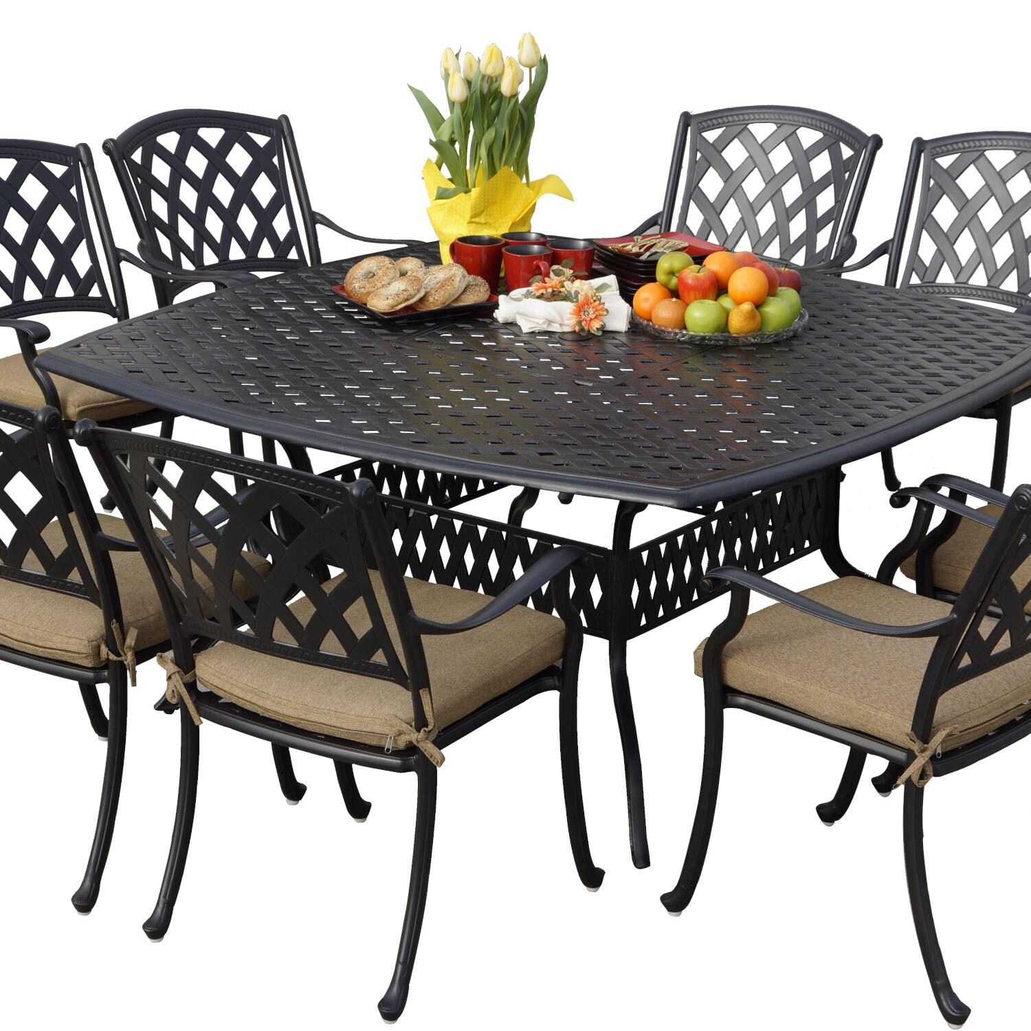 Ocean View 9 Pc Cast Aluminum Dining Set w/ 64 Inch Square Series 30 Table in Antique Bronze/Sesame by Darlee