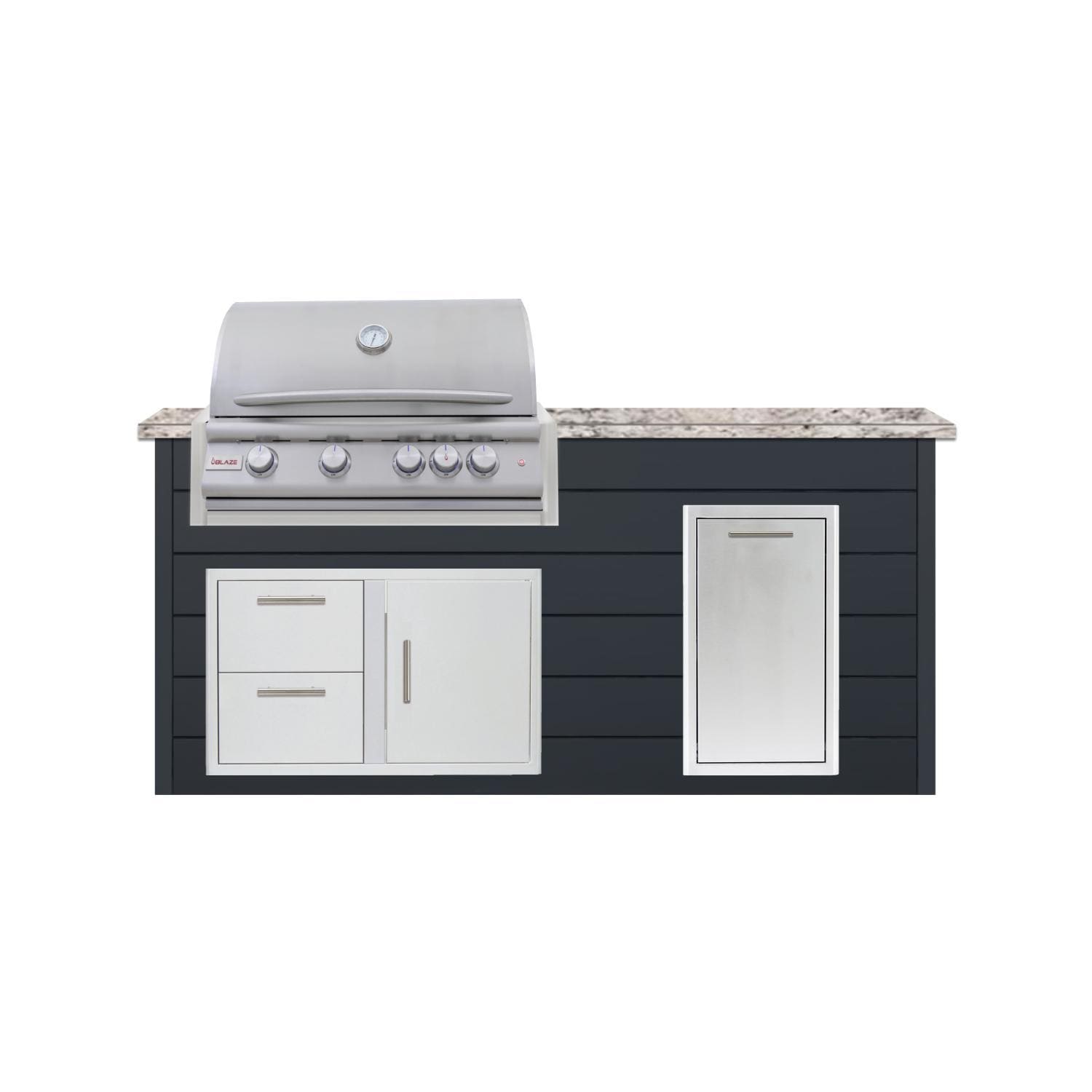 BBQGuys Signature 6 Ft Grill Island w/ 32 Inch Propane Blaze Premium LTE+ Grill, Narrow Trash Bin & Door & Drawer | Asphalt Gray w/ White Granite - Front - White Background thumbnail