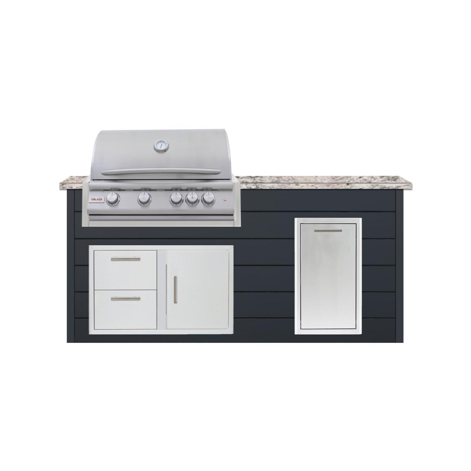 BBQGuys Signature 6 Ft Outdoor Kitchen Island w/ 32 Inch Propane Blaze LTE+ Grill & Narrow Trash Bin | Asphalt Gray w/ White Granite