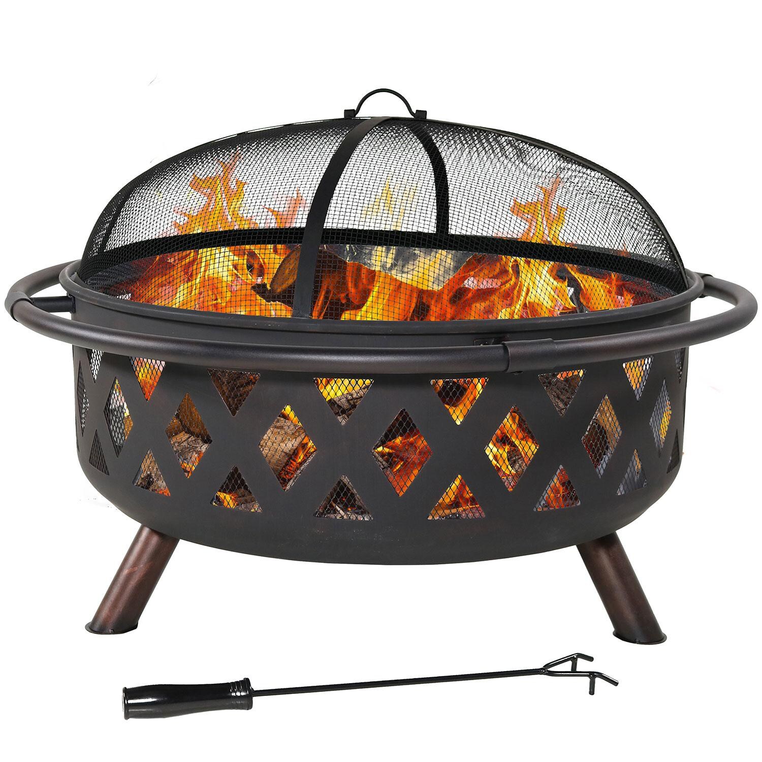 Ultimate Patio Crossweave 36 Inch Round Steel Wood-Burning Fire Pit in Black - Lit Flame - White Background thumbnail