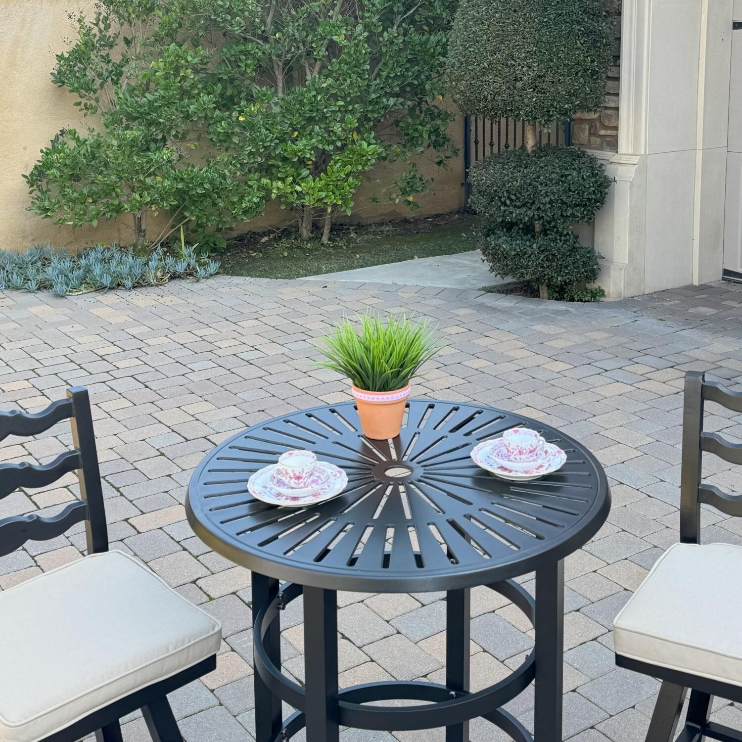 Aspen Aluminum 3 Pc Patio Bar Set w/ 30-in Round Counter Height Bar Table in Beige by Darlee - Bar Table - Overhead View - Lifestyle thumbnail