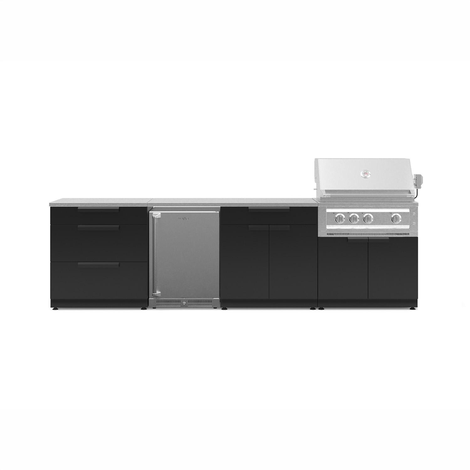 NewAge Products Classic Series 10 Ft Outdoor Kitchen Island w/ 33-in Propane Grill, Refrigerator, Trash Bin, Door & Drawer in Matte Black/Stainless Steel