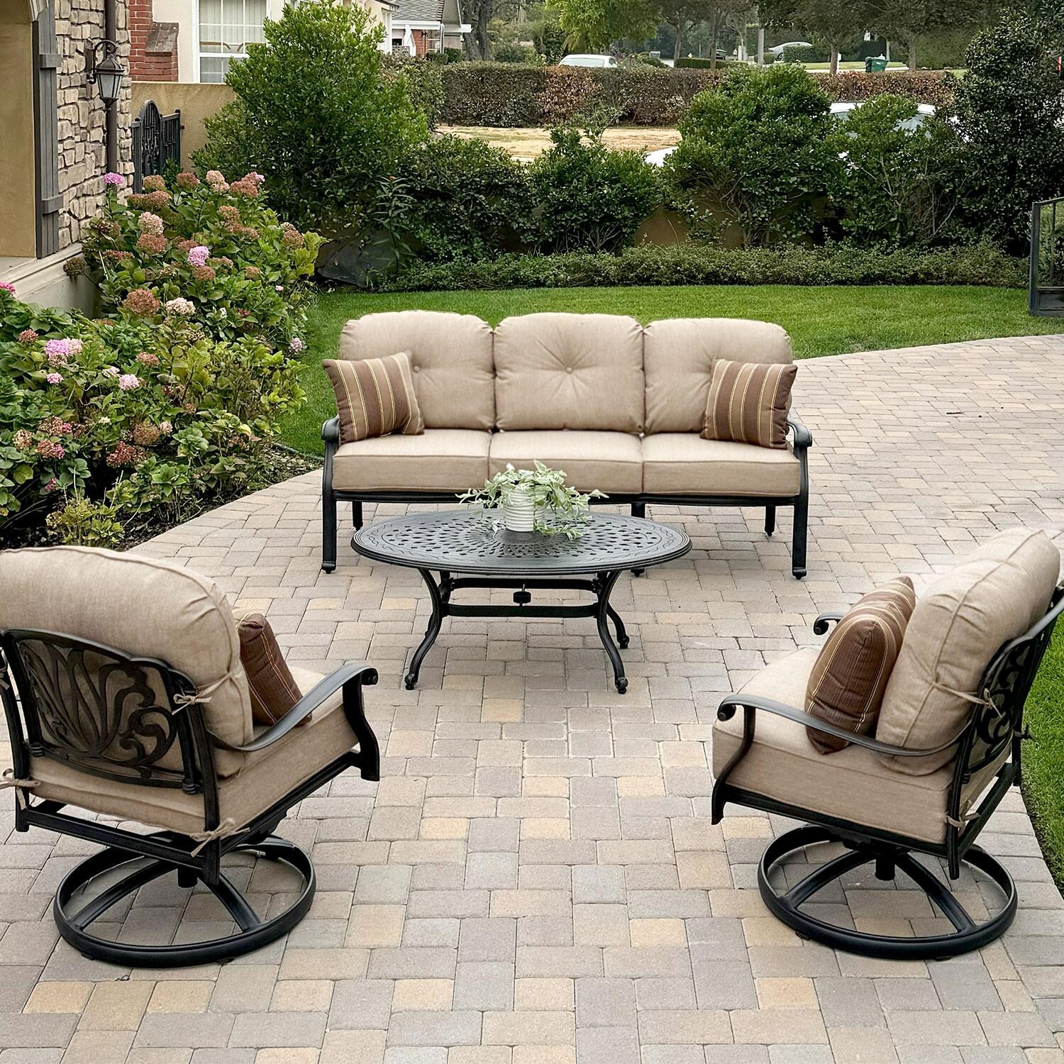 Darlee Elisabeth 4 Pc Cast Aluminum Seating Set w/ 46 X 31 Inch Oval Table & Swivel Rockers & Throw Pillows in Antique Bronze/Beige Canvas thumbnail