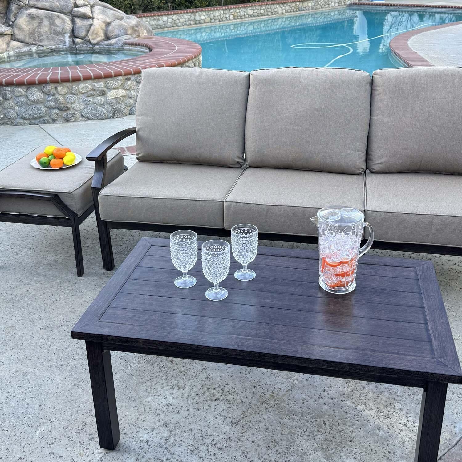 Atlantis 6 Pc Aluminum Seating Set w/ Rectangular Coffee Table in Walnut/Beige by Darlee - Angled - Lifestyle thumbnail