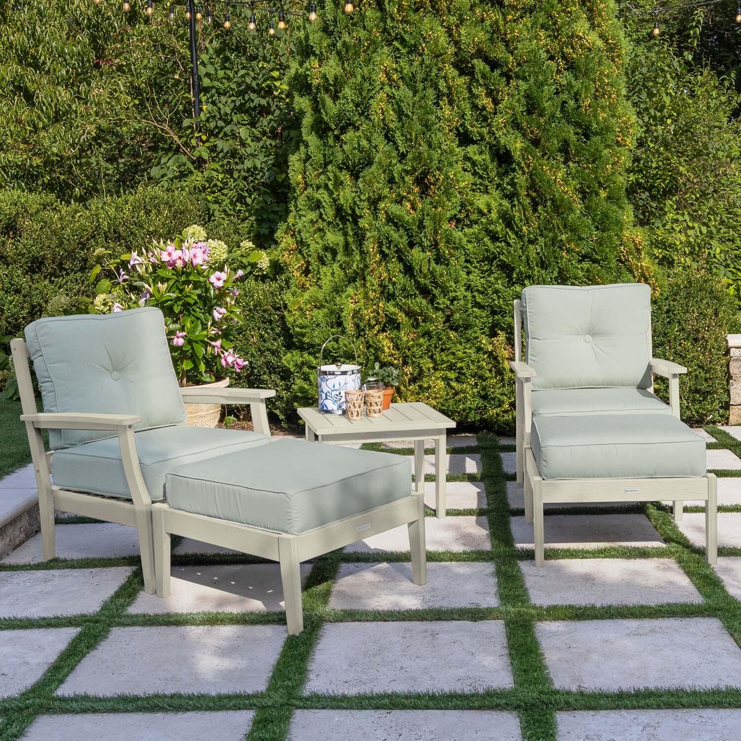 Blushing Bay 5 Pc Recycled Plastic Seating Set in Canvas Seasalt/Whitewash by Lakeview Outdoor Designs - Left Angled - Lifestyle thumbnail