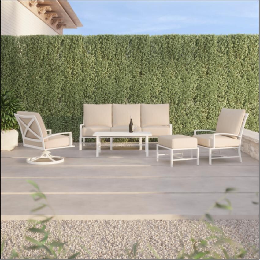 Bristol Aluminum Swivel Dining Arm Chair w/ Self Welt in White/Canvas Skyline by Sunset West - Shown w/ Companion Pieces in Canvas Skyline - Lifestyle thumbnail