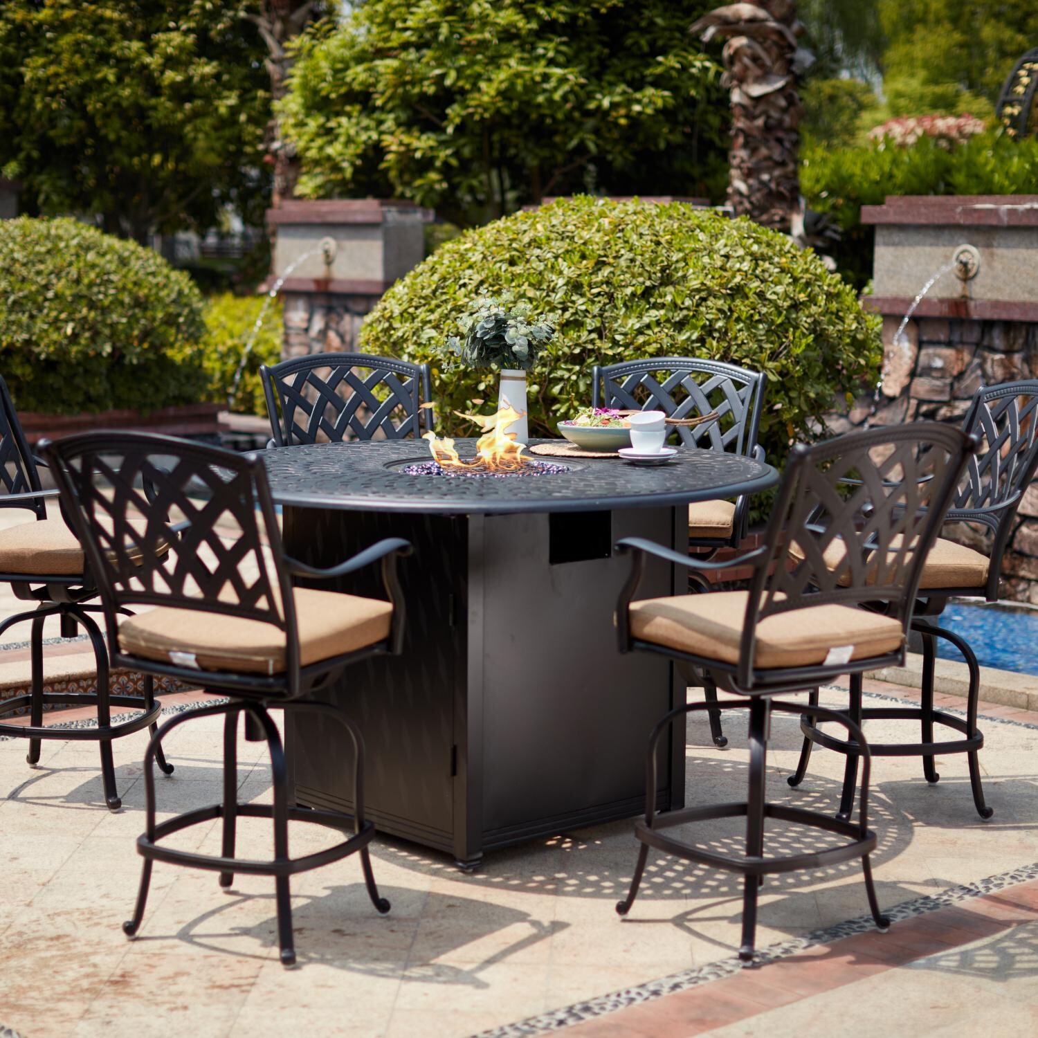 Darlee 201630-7PC-60GHD Ocean View 7 Piece Cast Aluminum Patio Counter Height Fire Pit Bar Set W/ 60 Inch Round Table & Sesame Cushions  thumbnail