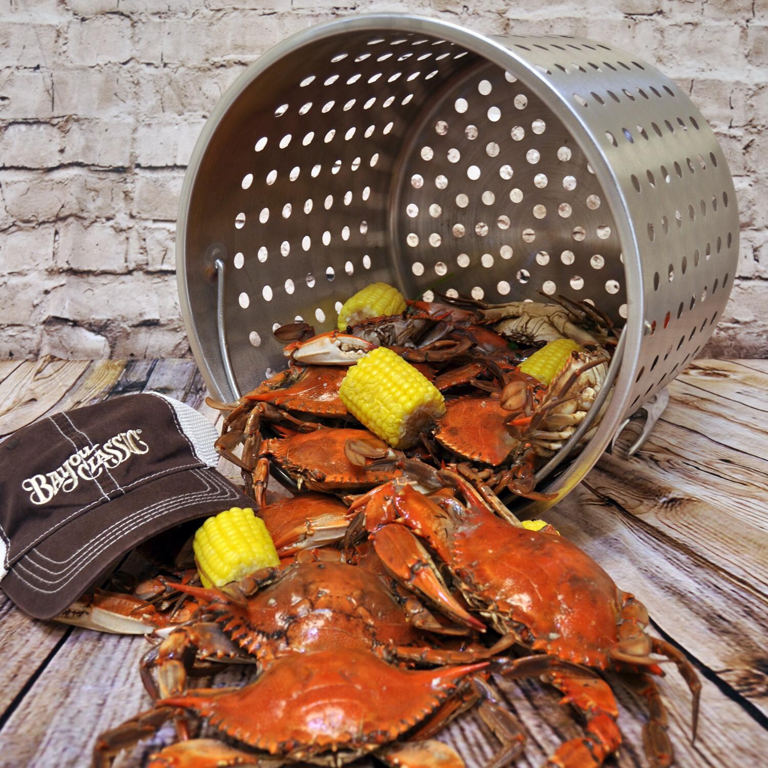 Bayou Classic Baskets Pots With Full Sized Basket 82 Quart Stainless Steel Stock Pot - 1182 - Basket with Crab and Corn thumbnail