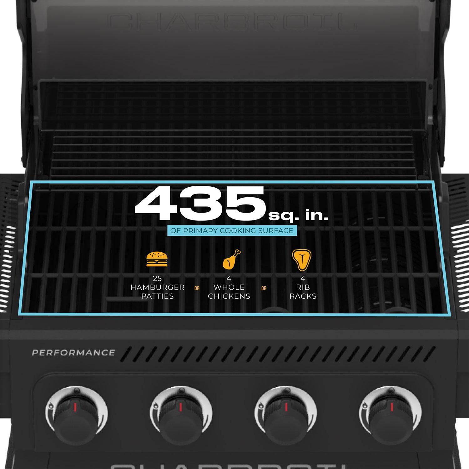 Charbroil 463348825 Performance Series 4-Burner Propane Grill A-Frame Cart - Black & Stainless Steel - Cooking Capacity - Detail thumbnail