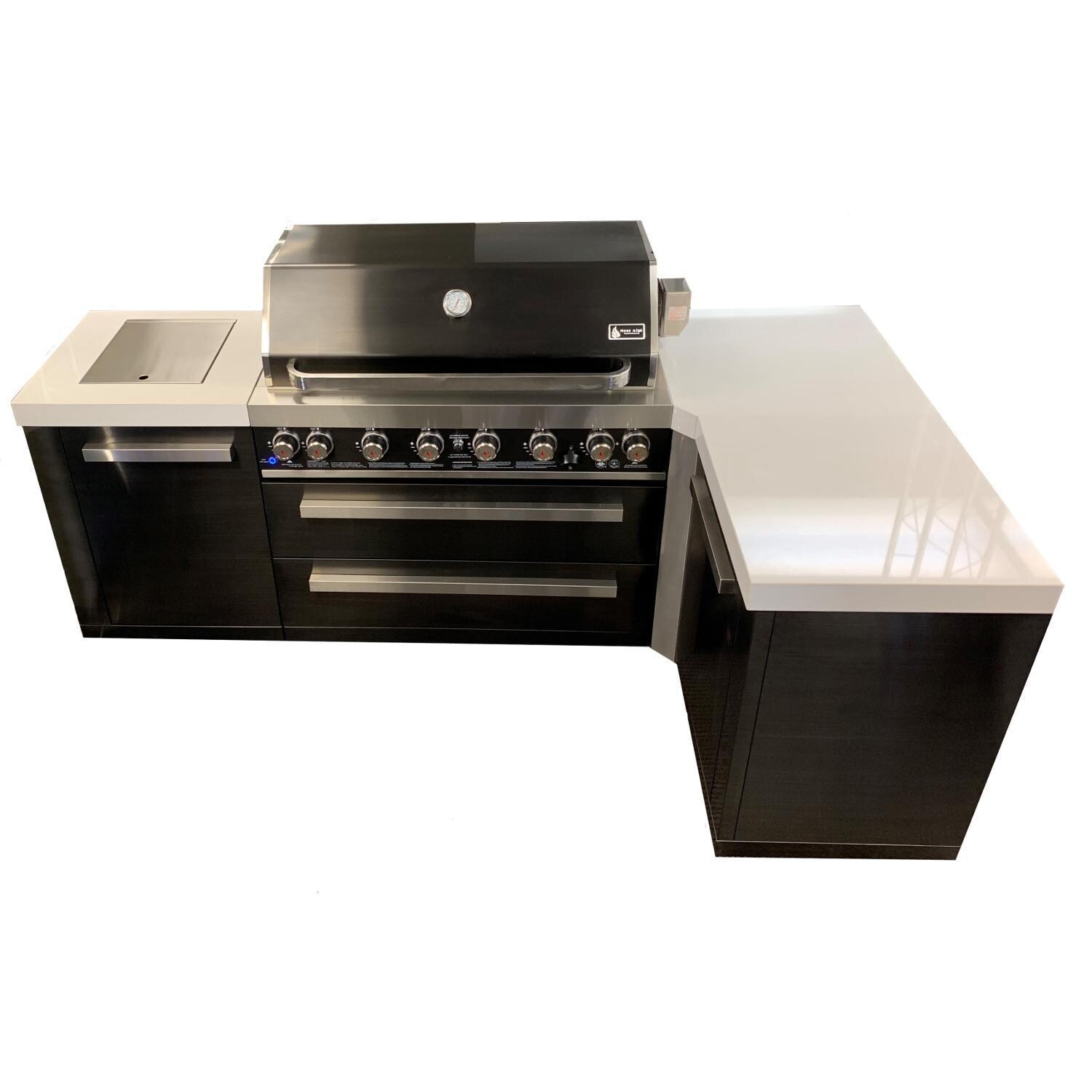 Mont Alpi - MAi805-BSS90C - Deluxe 90 Degree Grill Island - Black Stainless Steel - High Angle (Shown Withe Previous Model Hood & Knobs) - White Background thumbnail