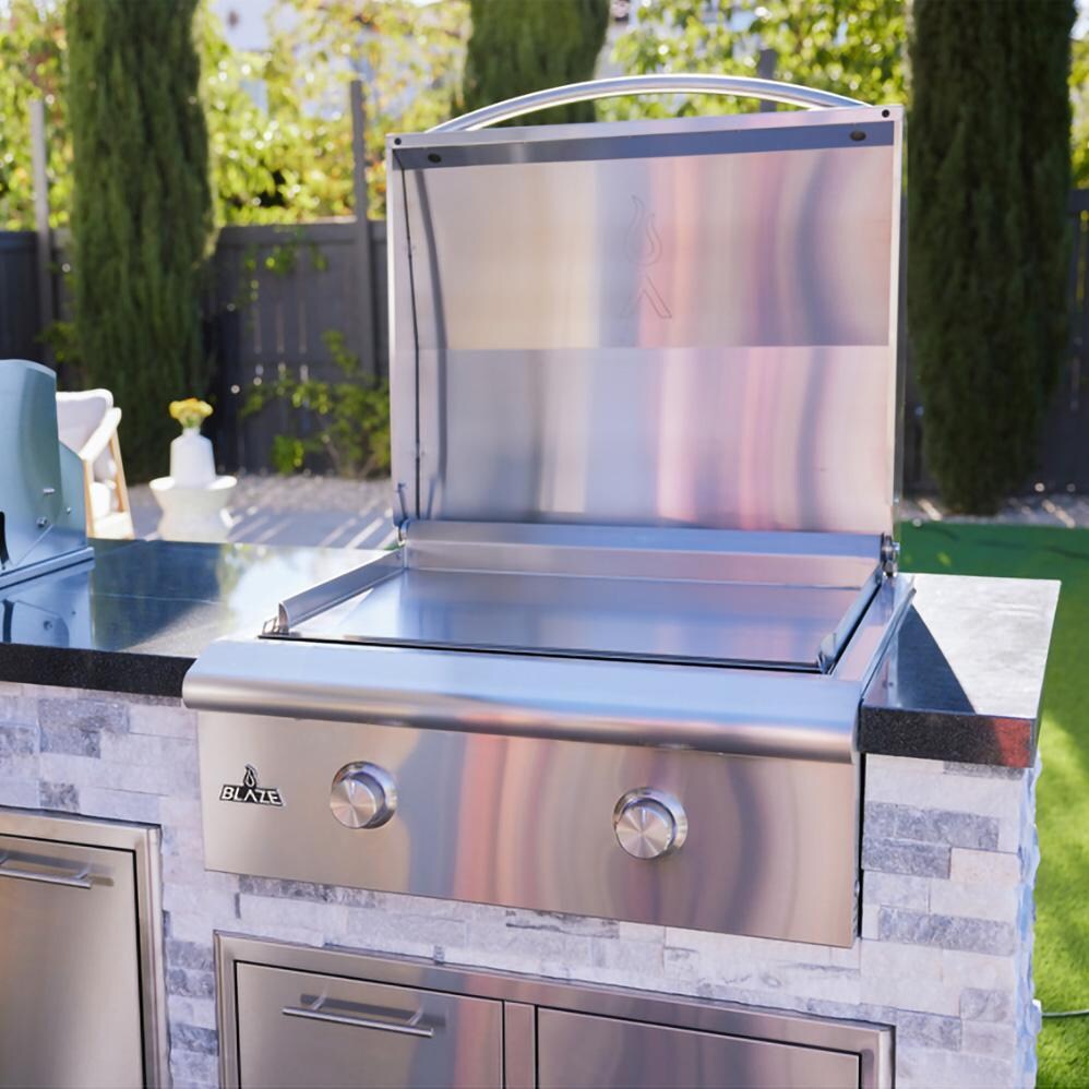 BBQGuys Signature 8 Ft Grill Island w/ 32 Inch Natural Gas Blaze Premium LTE+ Grill & Griddle, Narrow Trash Bin & Door & Drawer | Alaska Gray w/ Black Granite - Griddle - Lifestyle