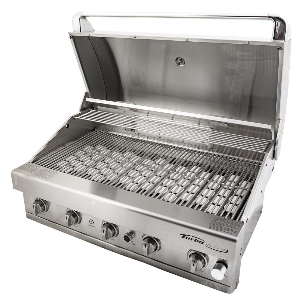 Turbo BTE3821BNG Elite 38-Inch 5-Burner Built-In Gas Grill - Right Side Angled View With Hood Open thumbnail